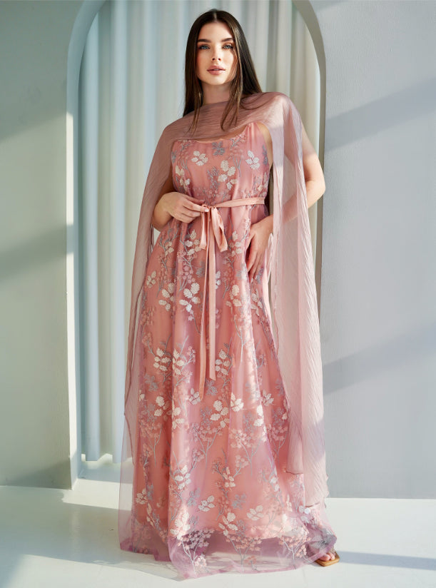 Elegant Floral Embroidered Armani Tulle Dress with Organza Shawl