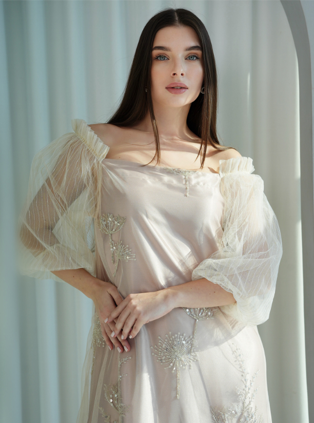 NR36 Dazzling champagne off shoulder dress