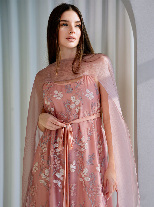 Elegant Floral Embroidered Armani Tulle Dress with Organza Shawl
