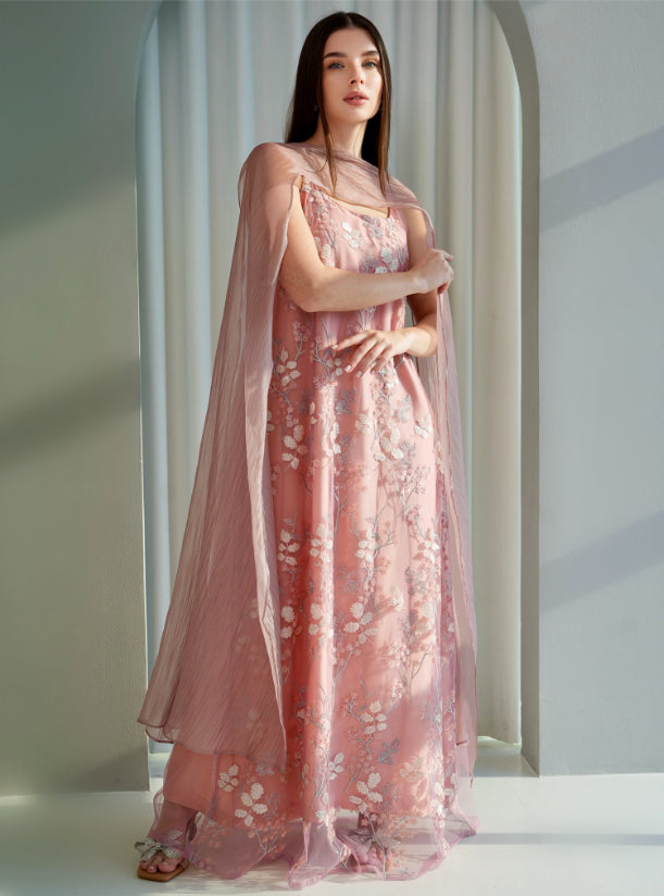 Elegant Floral Embroidered Armani Tulle Dress with Organza Shawl