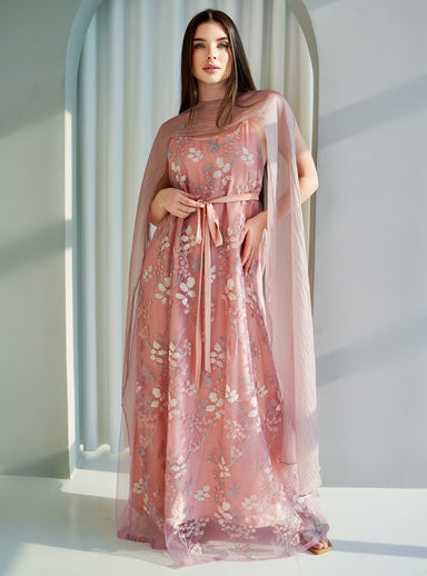 Elegant Floral Embroidered Armani Tulle Dress with Organza Shawl