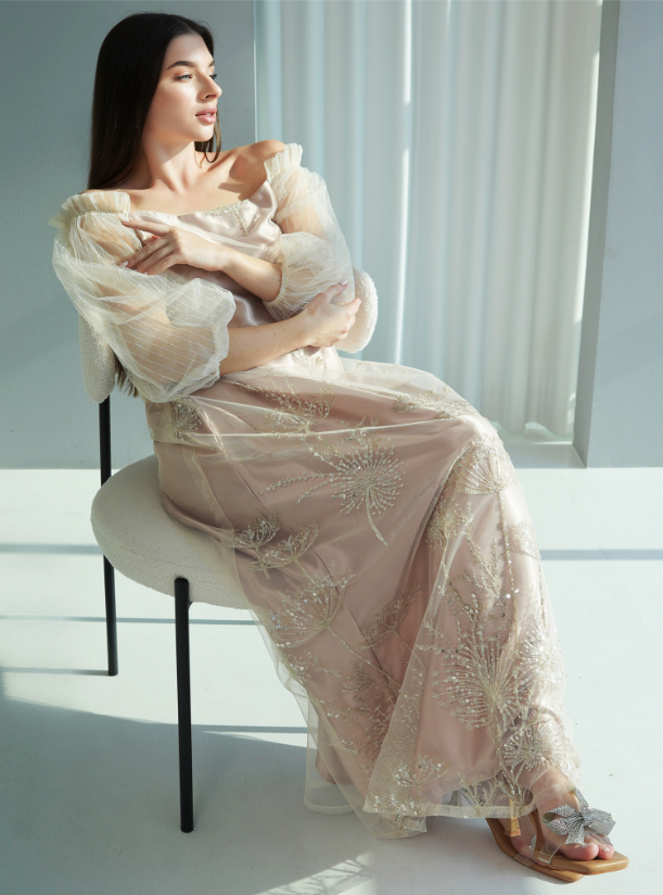 NR36 Dazzling champagne off shoulder dress