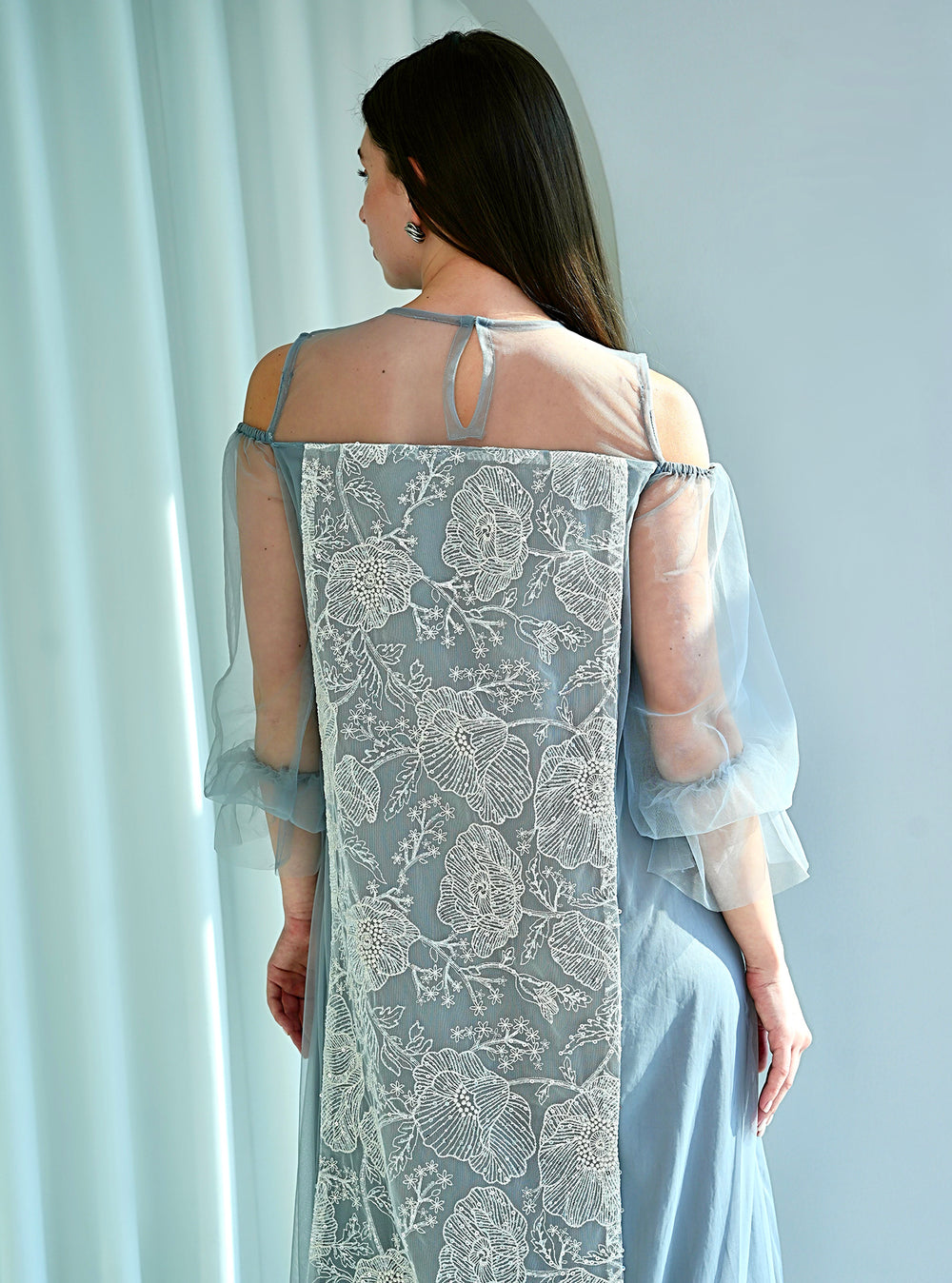 Elegant Lace Kaftan with Tulle Ruffles and Included Belt